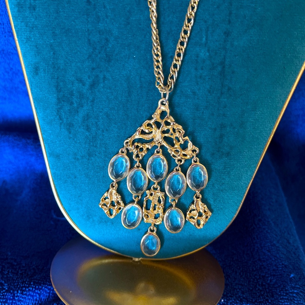 Vintage 1950s Persian transparent Chandelier Dangle Drop Necklace 18"